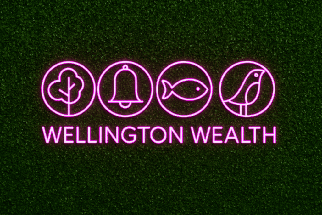 Wellington Wealth logo in pink neon tells a 700 year old story
